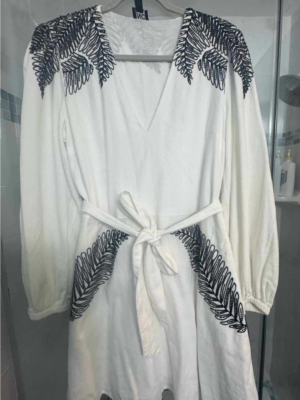 INC International Concepts White Mini Dress with Black Leaf Embroidery